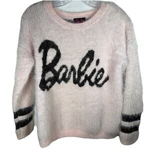 Barbie Sweater Pink Fluffy with black Oversized Logo Mattel Inc. Small Womens